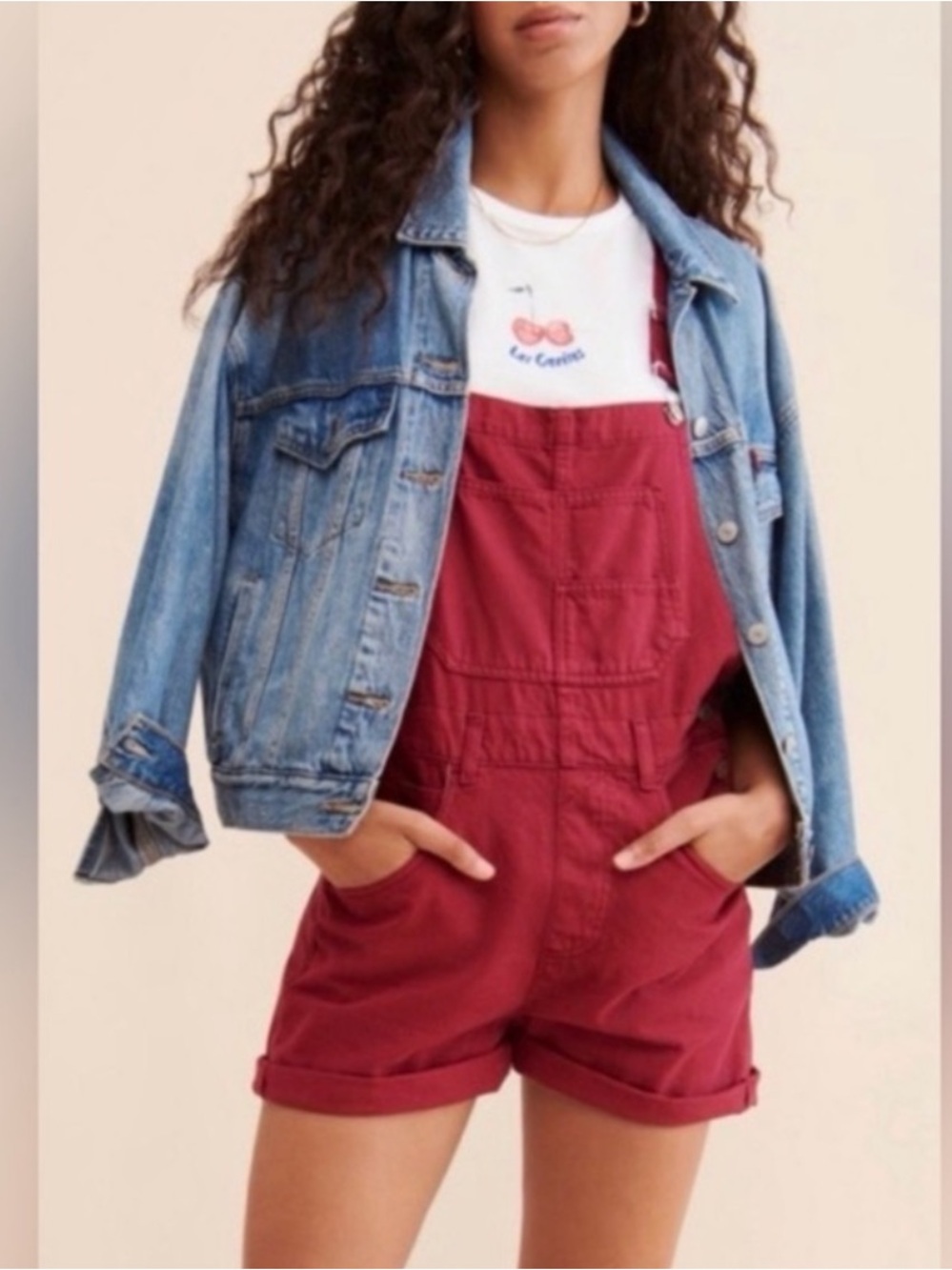 Free People Burgundy Denim Shortall Romper